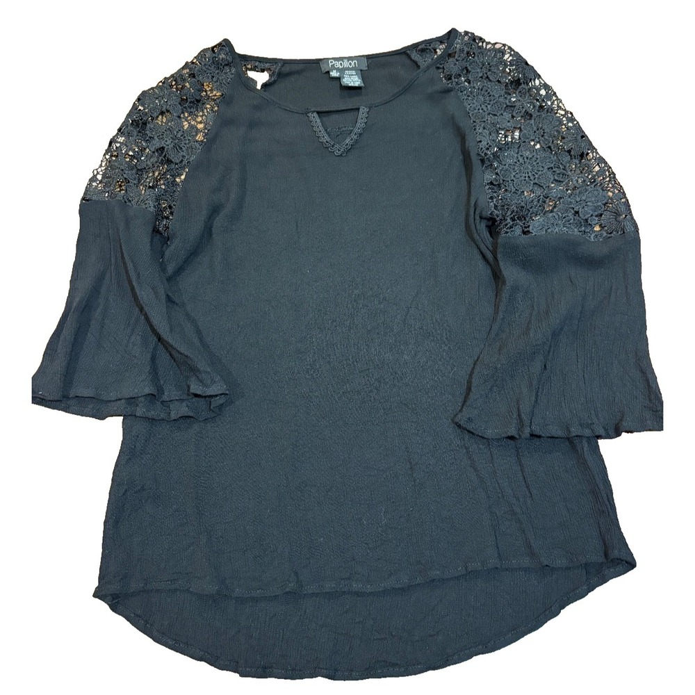 Papillon black rayon top lace whimsigoth travel office sexy womens' size medium